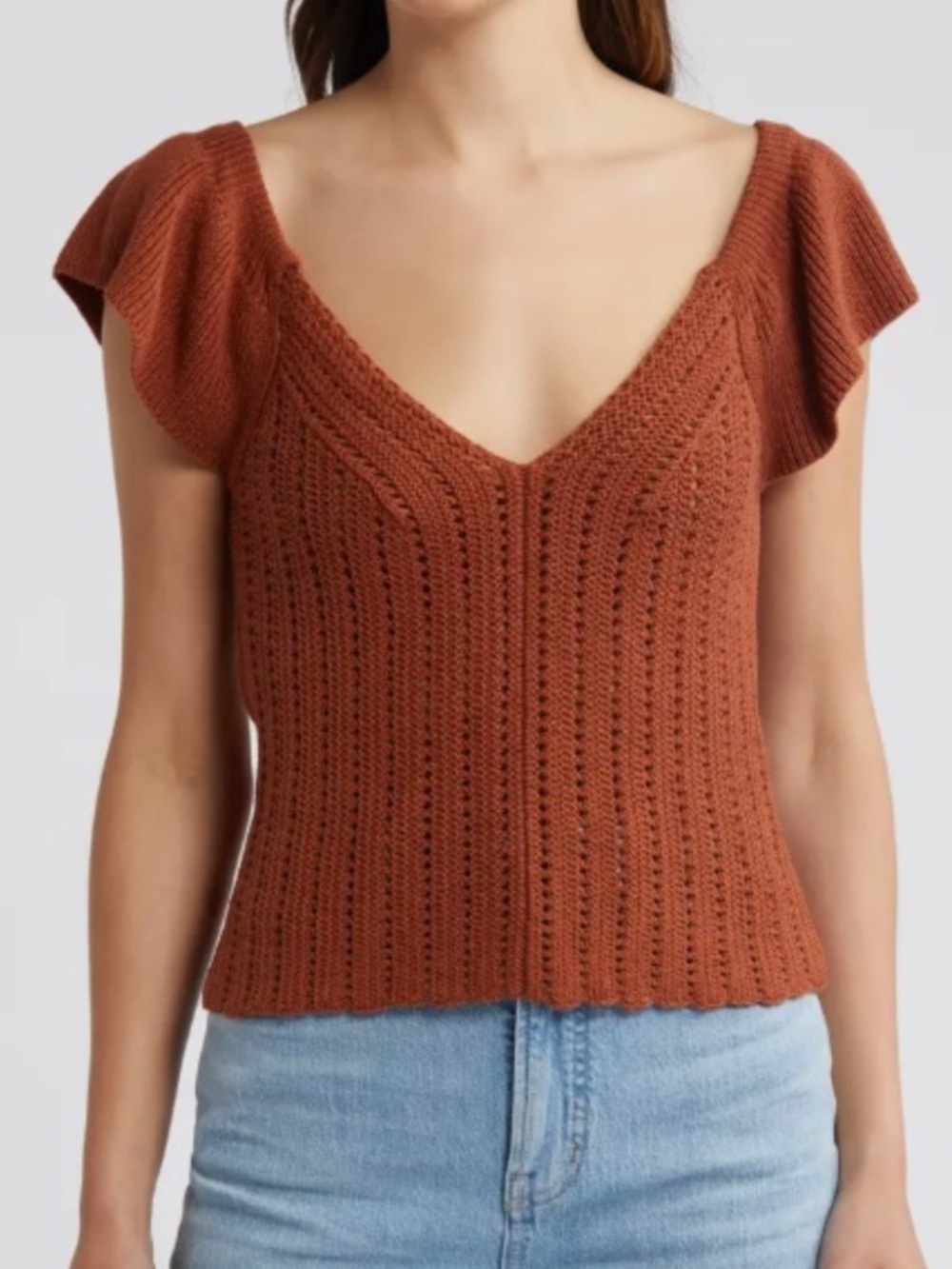Treasure & Bond Rust Knit V-Neck Flutter Sleeve Top